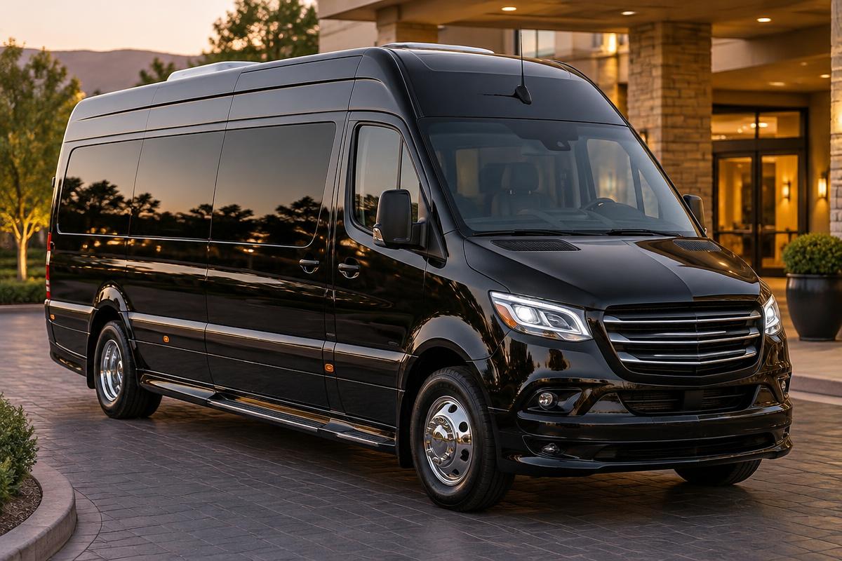 Black Grech Sprinter shuttle bus, a 12-passenger charter bus option in Pleasanton, California